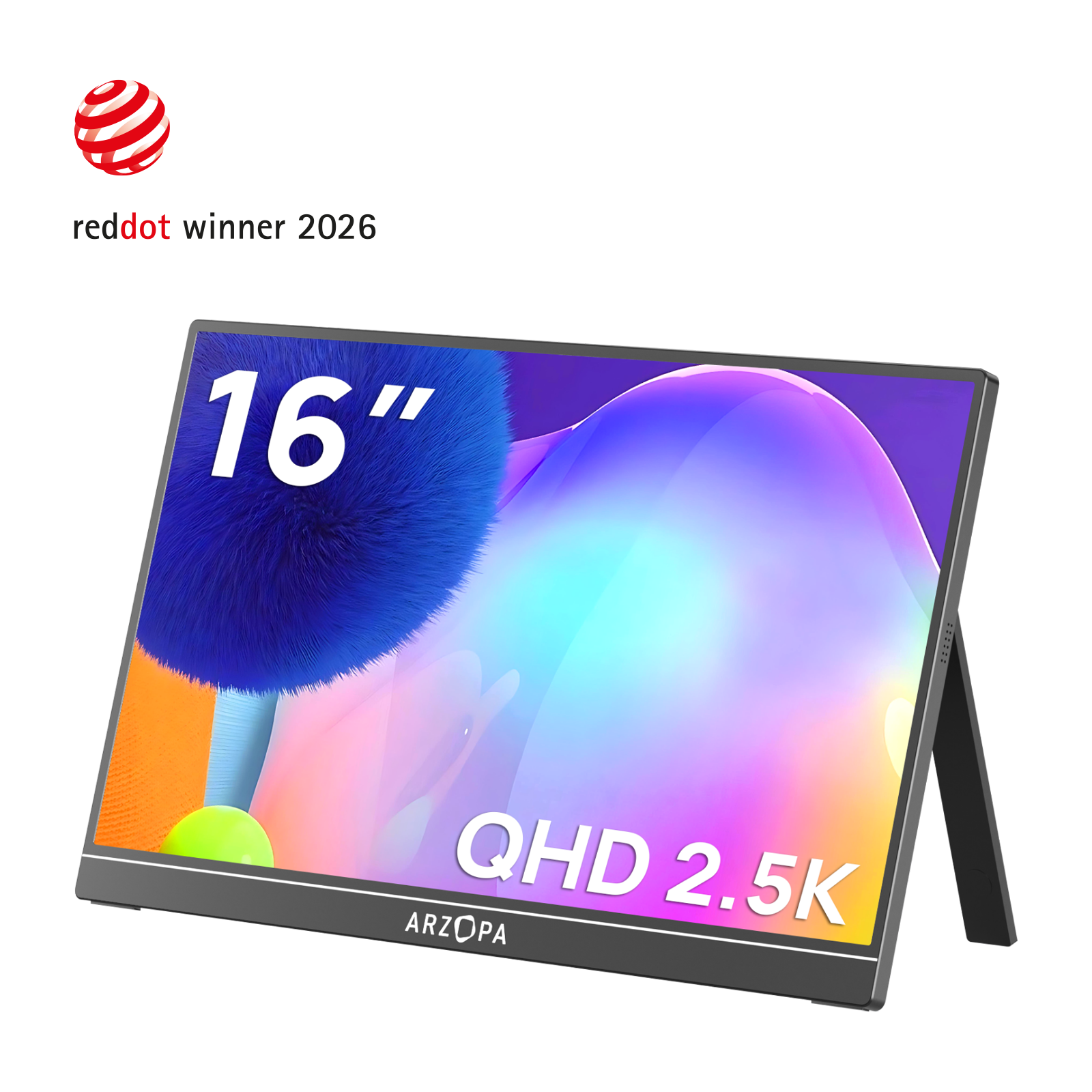 Arzopa Z1RC 16 inch 2.5K QHD portable monitor with dynamic colorful wave wallpaper and built-in kickstand.